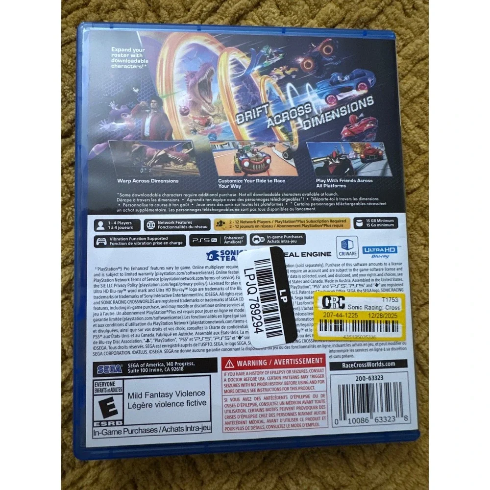 Sega Sonic Racing CrossWorlds PS5 One Size Blue Excellent Racing Game Disc